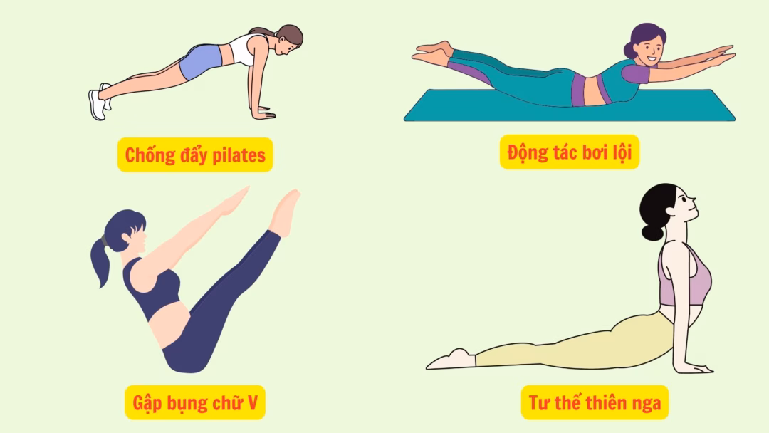 Áp dụng các bài tập Pilates đúng kỹ thuật tại nhà giúp bạn đốt mỡ thừa và cải thiện sức khỏe toàn diện. Đồ họa: Minh Châu